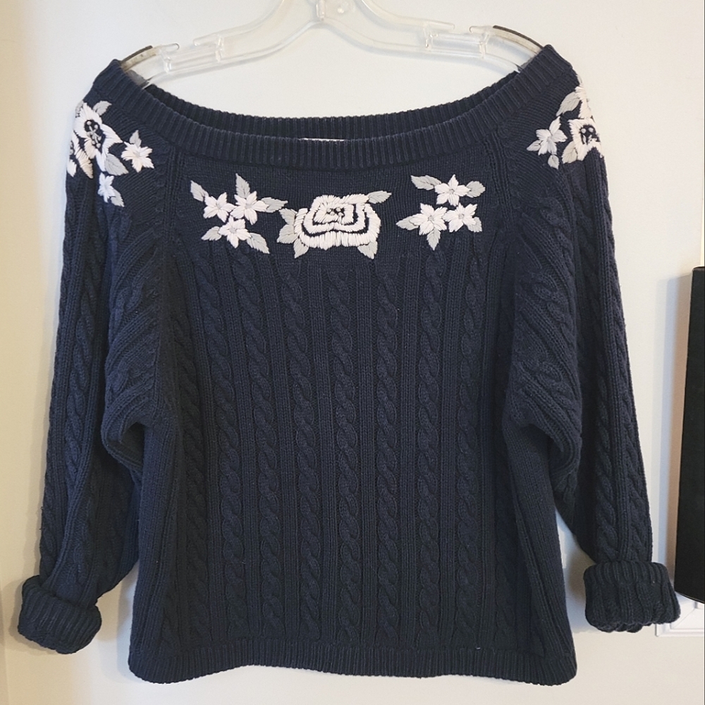 Vintage 80's 100% Cotton Boat Neck Cable Knit Sweater with Embroidery